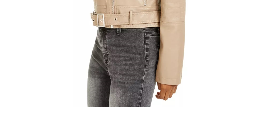 Jaqueta de couro sintético com cinto da coleção B Junior, bege, tamanho médio