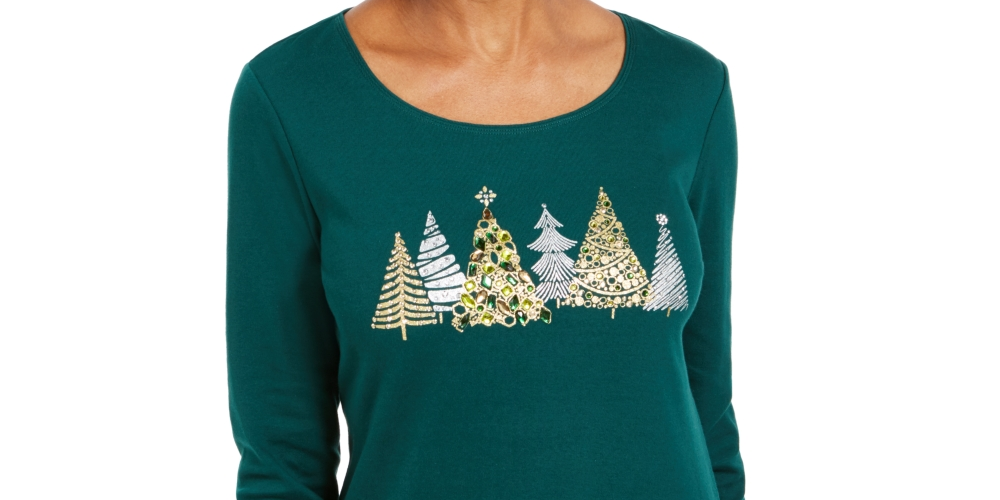 Camiseta feminina Karen Scott de manga comprida com detalhes, verde, tamanho pequeno e pequeno