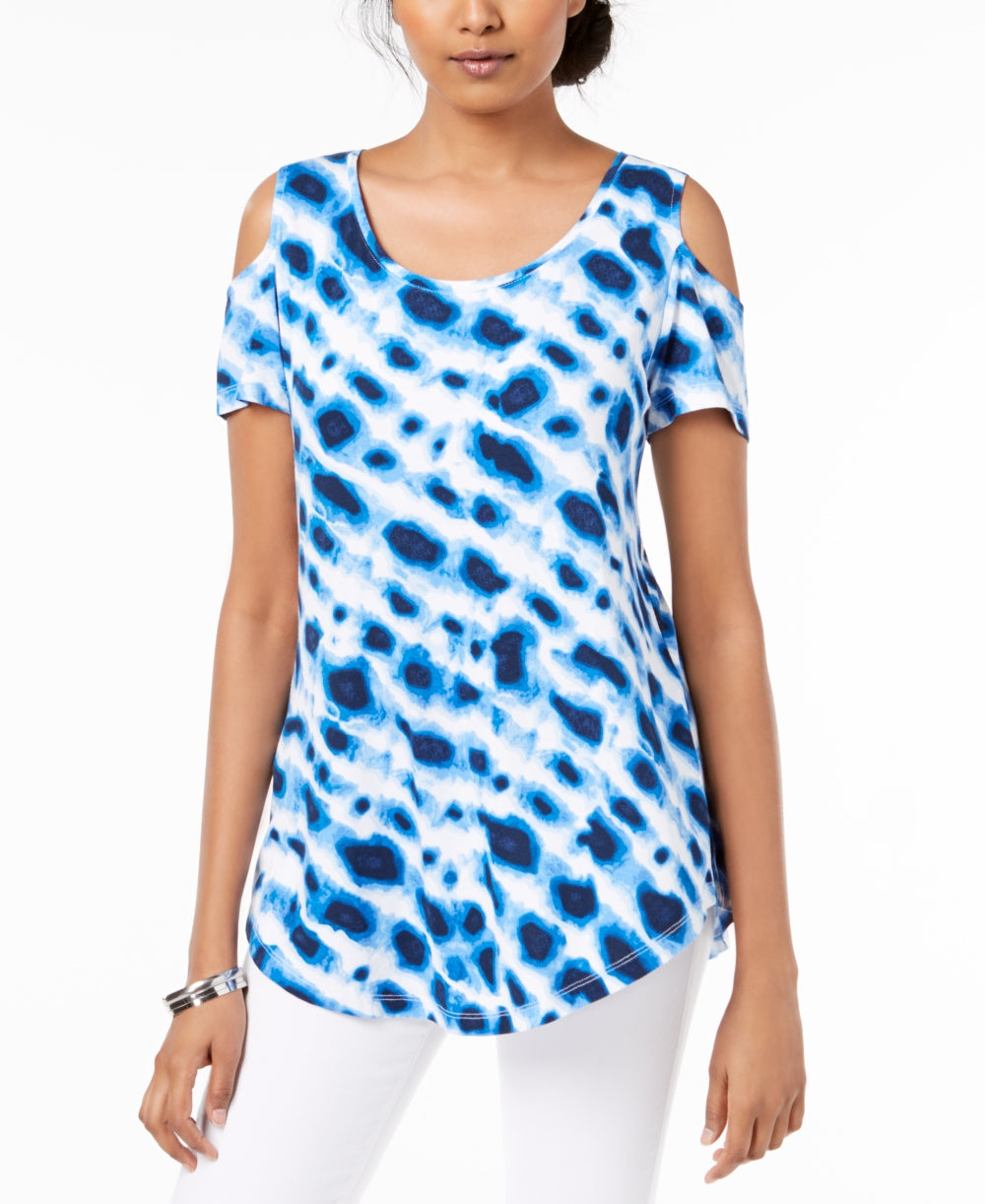 Blusa feminina estampada com ombros descobertos, azul, tamanho pequeno, da coleção JM