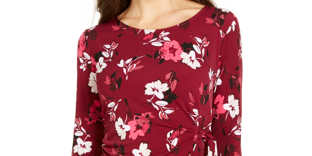 Blusa feminina Alfani com estampa lateral e amarração lateral, tamanho vinho, pequena, G