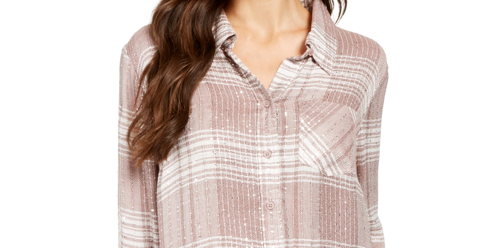 Camisa xadrez brilhante feminina Style &amp; Co, bege, tamanho XS