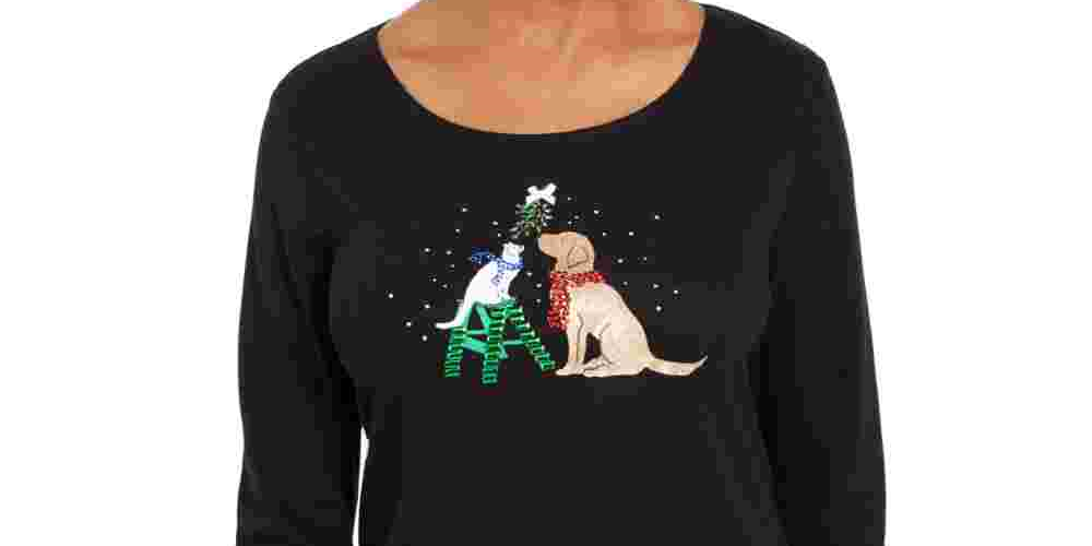 Camisa de Natal feminina Karen Scott com detalhes embelezados, preta, tamanho PSM