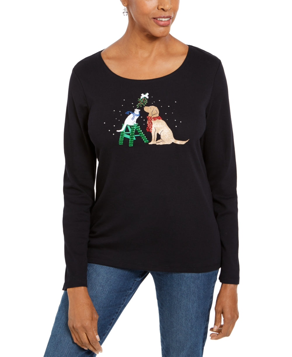 Camisa de Natal feminina Karen Scott com detalhes embelezados, preta, tamanho pequeno GG