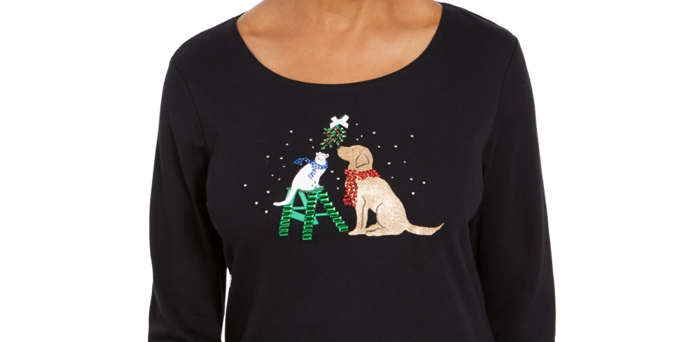 Camisa de Natal feminina Karen Scott com detalhes embelezados, preta, tamanho pequeno GG