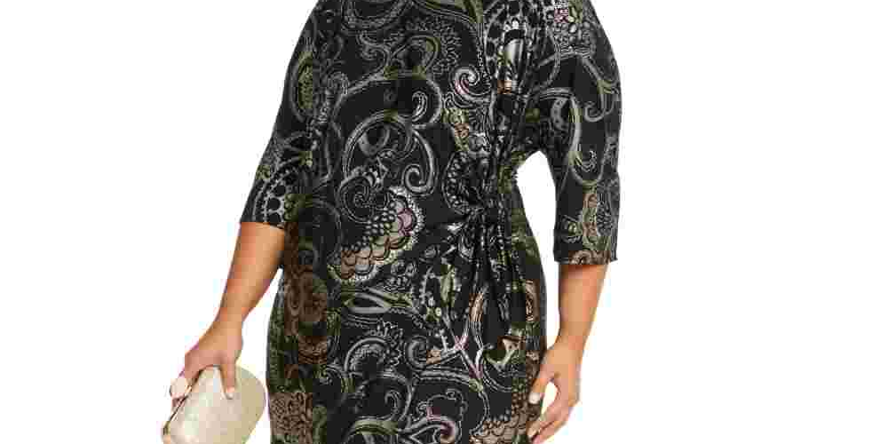 Vestido feminino Robbie Bee Plus com estampa de folha e nó lateral, preto, tamanho 3X