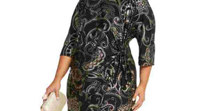 Vestido feminino Robbie Bee Plus com estampa de folha e nó lateral, preto, tamanho 3X