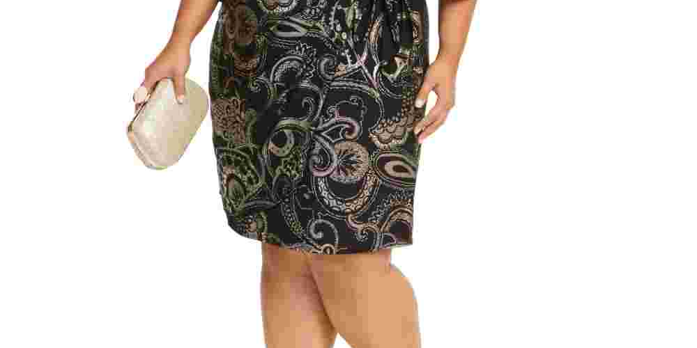 Vestido feminino Robbie Bee Plus com estampa de folha e nó lateral, preto, tamanho 3X