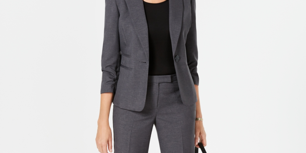 Le Suit Feminino Manga Franzida Um Botão Terno Cinza Tamanho 12