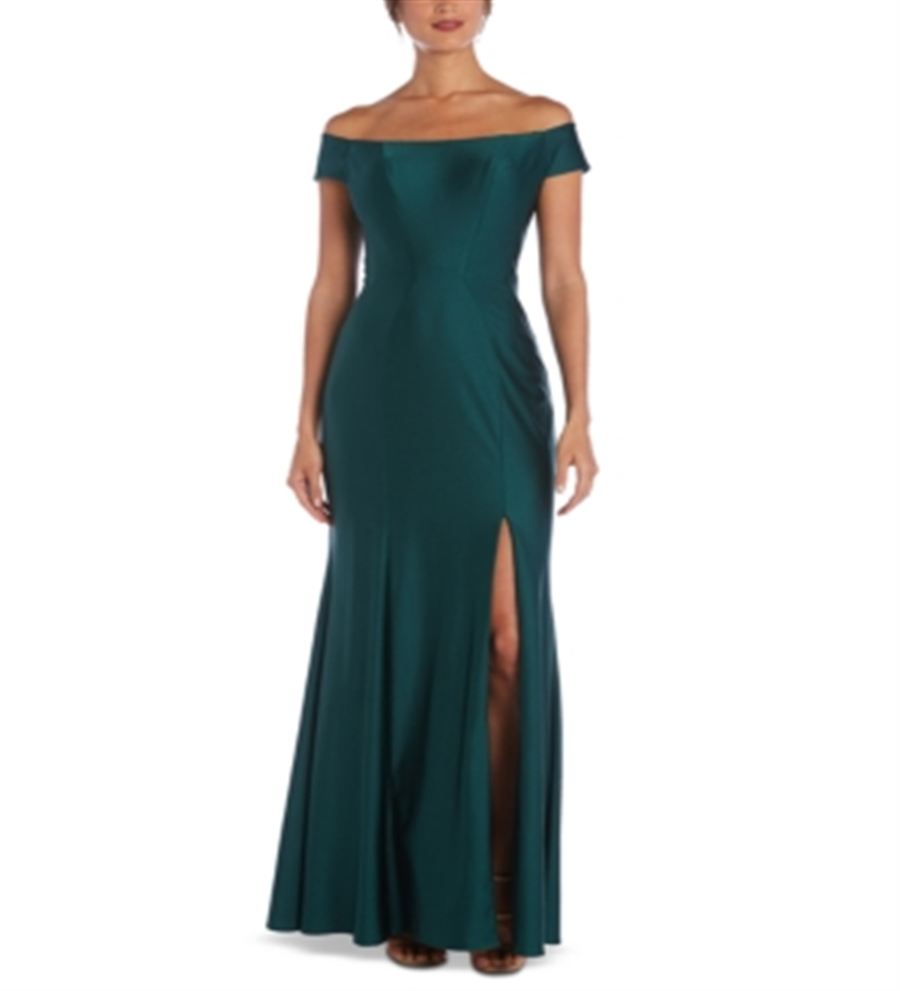 Vestido de cetim feminino Nightway com decote ombro a ombro, verde, tamanho 10