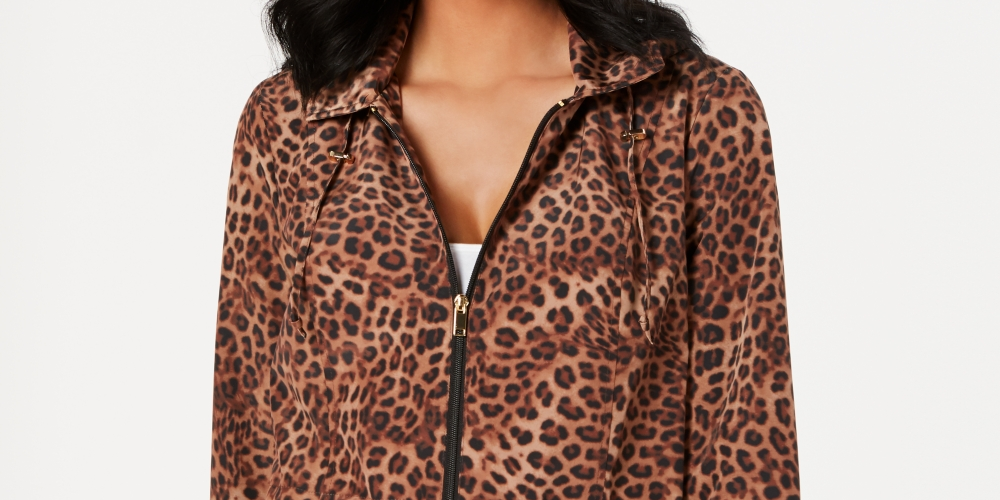 Jaqueta feminina Charter Club com estampa de leopardo ZiPetite Per Print, marrom, tamanho pequeno S