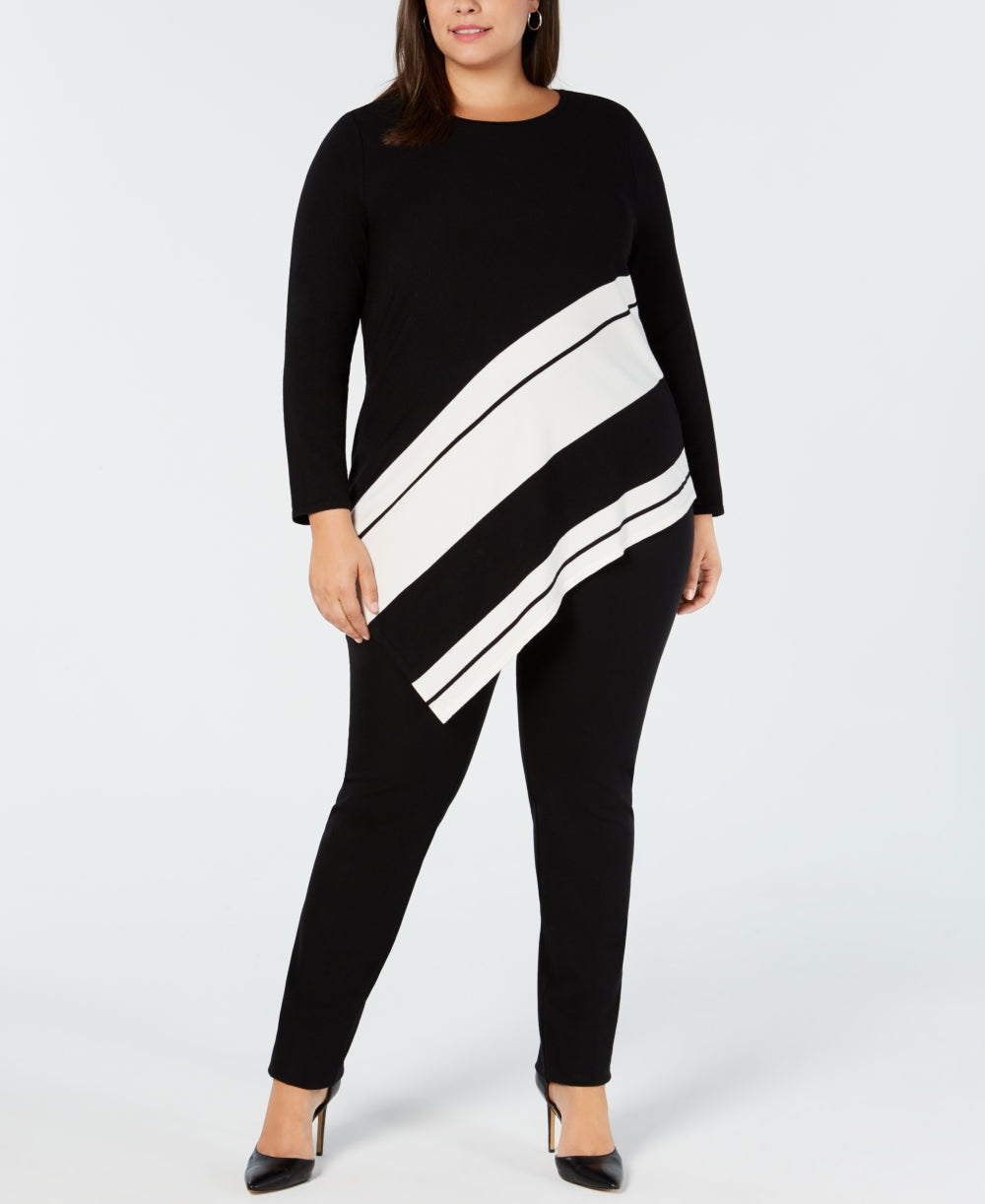 Suéter feminino Alfani Plus com listras e bainha assimétrica, preto, tamanho 4X