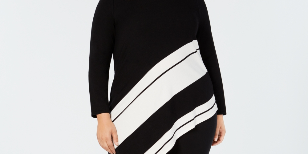 Suéter feminino Alfani Plus com listras e bainha assimétrica, preto, tamanho 4X