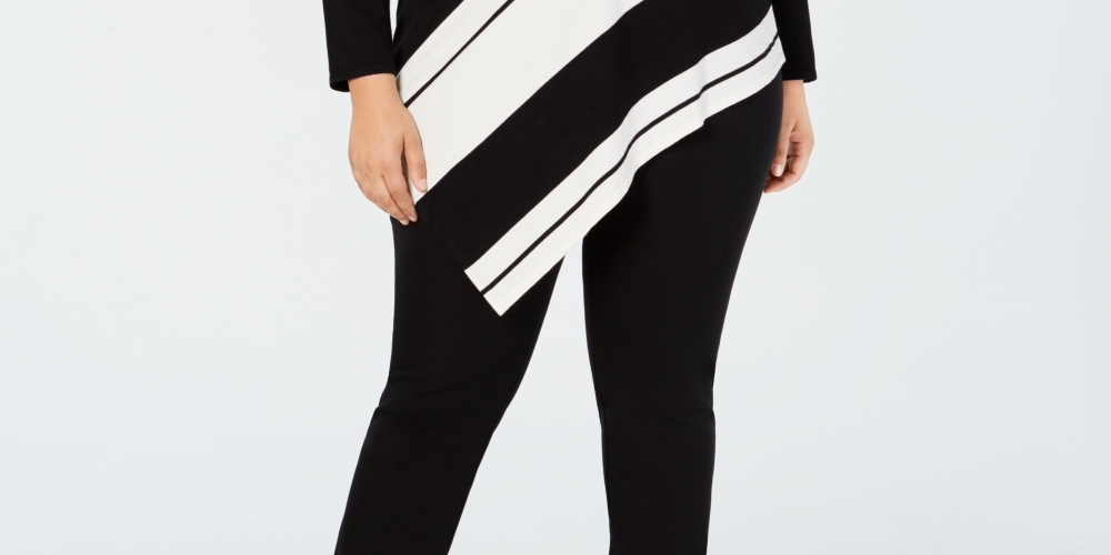 Suéter feminino Alfani Plus com listras e bainha assimétrica, preto, tamanho 4X