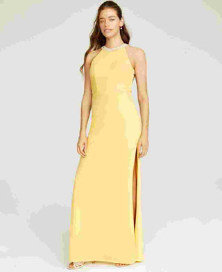 Speechless Junior's Beaded Strappy Back Halter Gown Yellow Size 11
