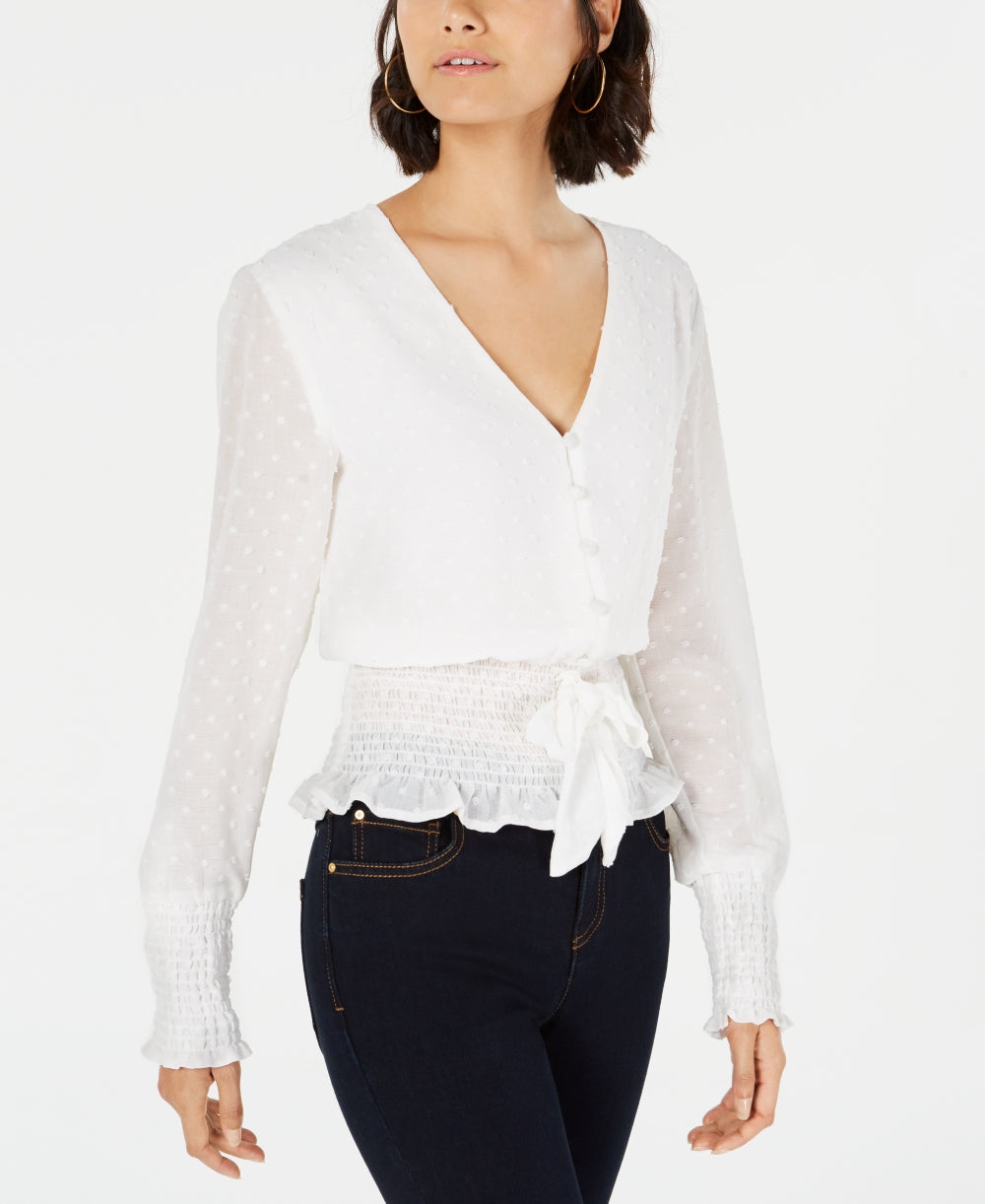 Blusa feminina franzida com amarração frontal, tamanho grande, branca, Q&amp;A