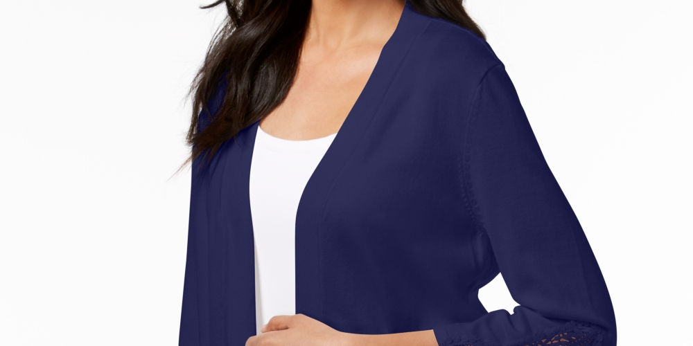 Cardigan feminino com frente aberta e acabamento em crochê, tamanho grande, azul, da coleção JM