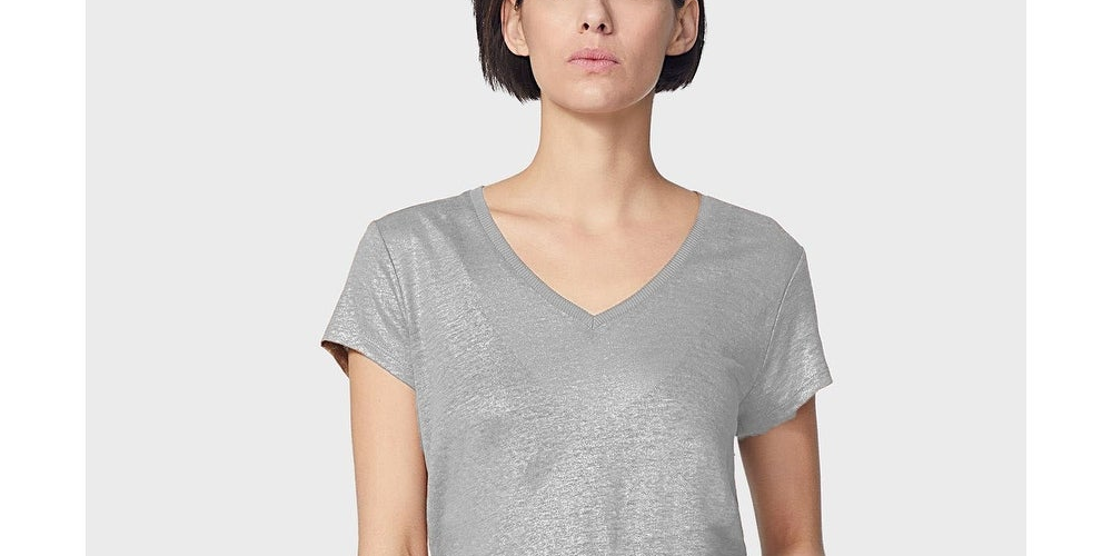 Camiseta feminina de linho com decote em V IKKS, cinza, tamanho X-S