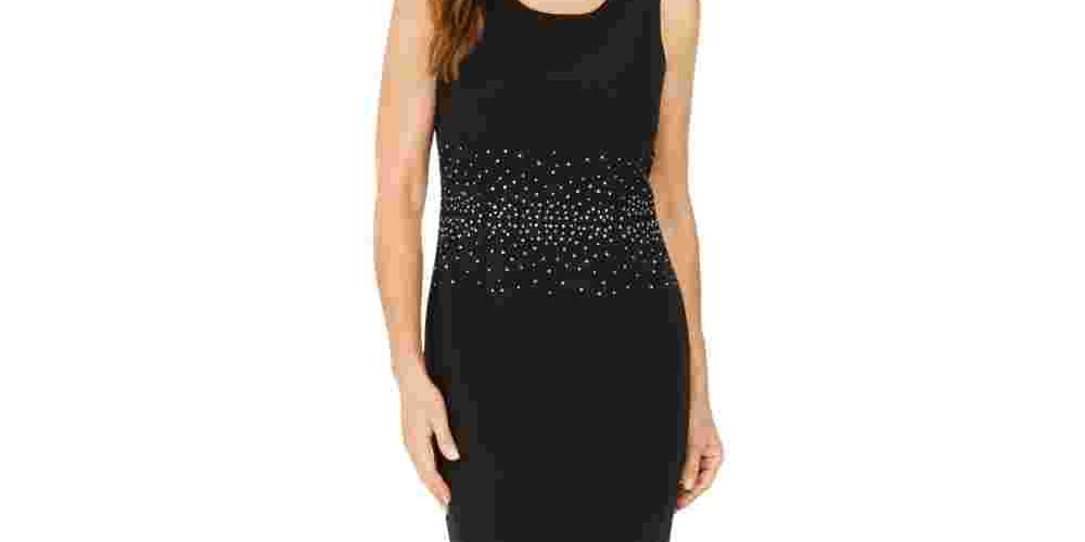 Vestido justo com tachas e joias Kasper feminino, preto, tamanho 14, pequeno