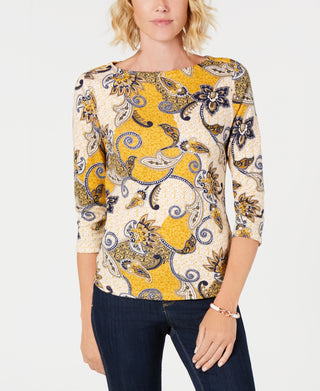 Charter Club Women's Cotton Paisley Print Button Shoulder Top Yellow Size Petite L