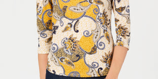 Blusa feminina Charter Club de algodão com estampa paisley e botões, tamanho pequeno, amarela, L