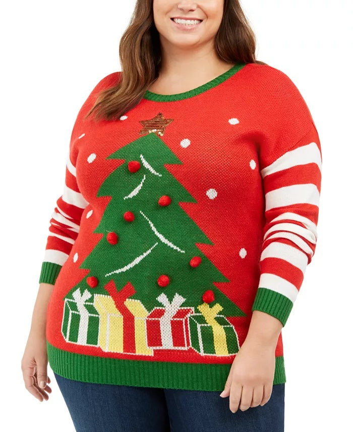 Ultra Flirt Suéter Feminino Trendy Plus com Árvore de Natal Vermelho Tamanho 3X