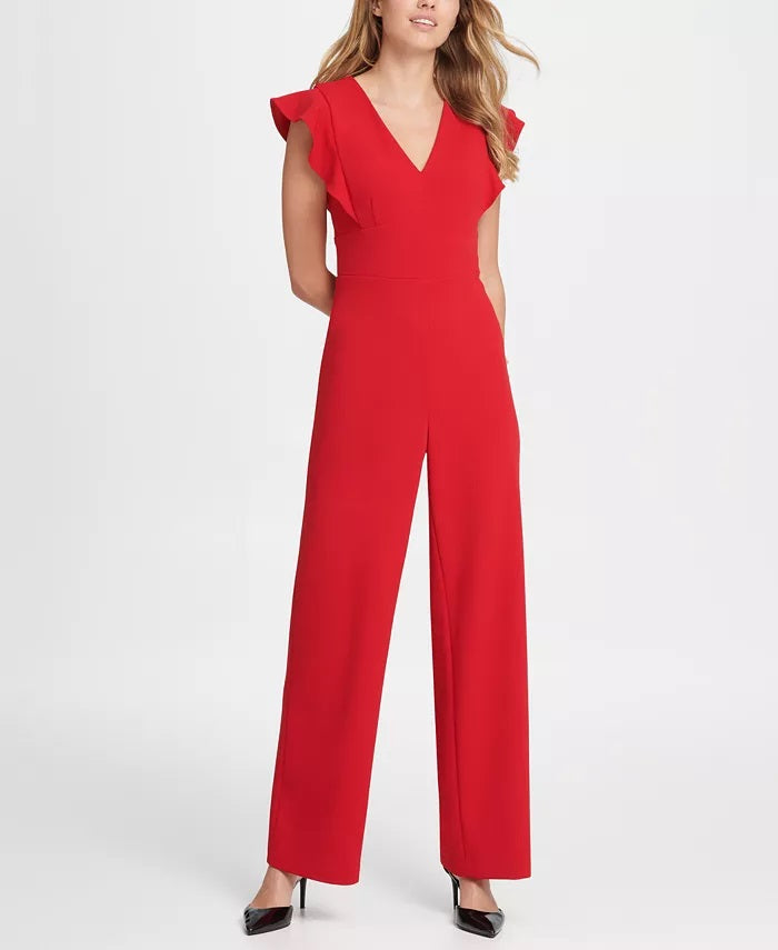 Macacão feminino DKNY com detalhe de babados, vermelho, tamanho 4