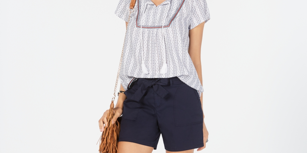 Shorts de algodão com cinto e gravata feminino Style &amp; Co, azul, tamanho 10