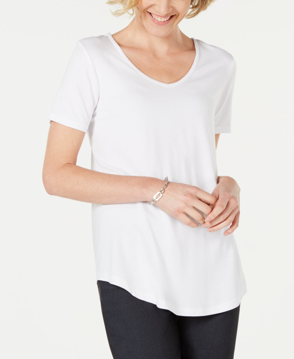 JM Collection Top feminino com decote em V e costas em treliça, branco, tamanho pequeno G