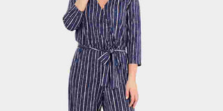 Macacão listrado com cinto feminino NY Collection, azul, tamanho pequeno, médio