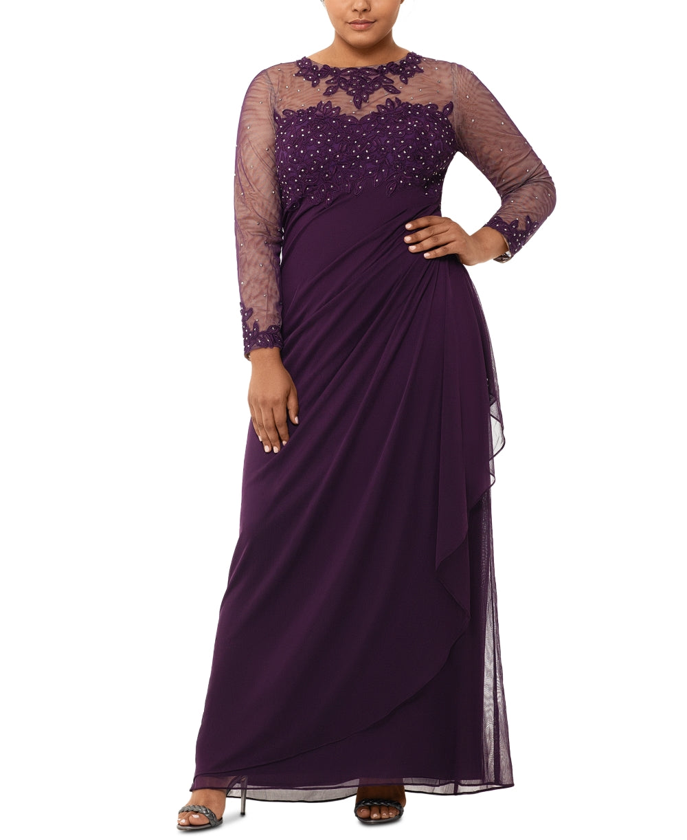 Vestido feminino Xscape Plus com ilusão embelezada e manga comprida franzida, roxo, tamanho 22W