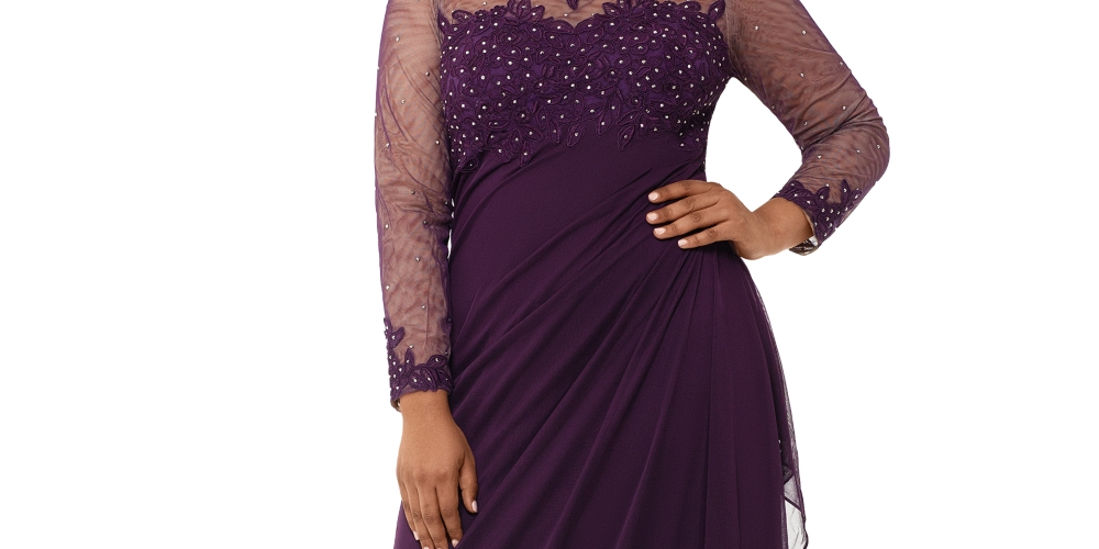 Vestido feminino Xscape Plus com ilusão embelezada e manga comprida franzida, roxo, tamanho 22W