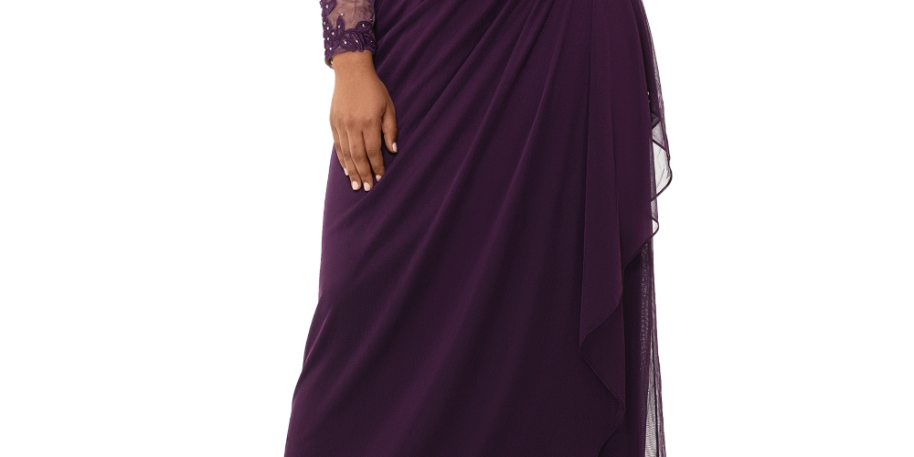 Vestido feminino Xscape Plus com ilusão embelezada e manga comprida franzida, roxo, tamanho 22W