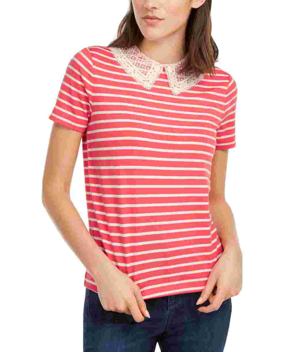 Blusa listrada com gola de renda Maison Jules feminina, laranja, tamanho X-S