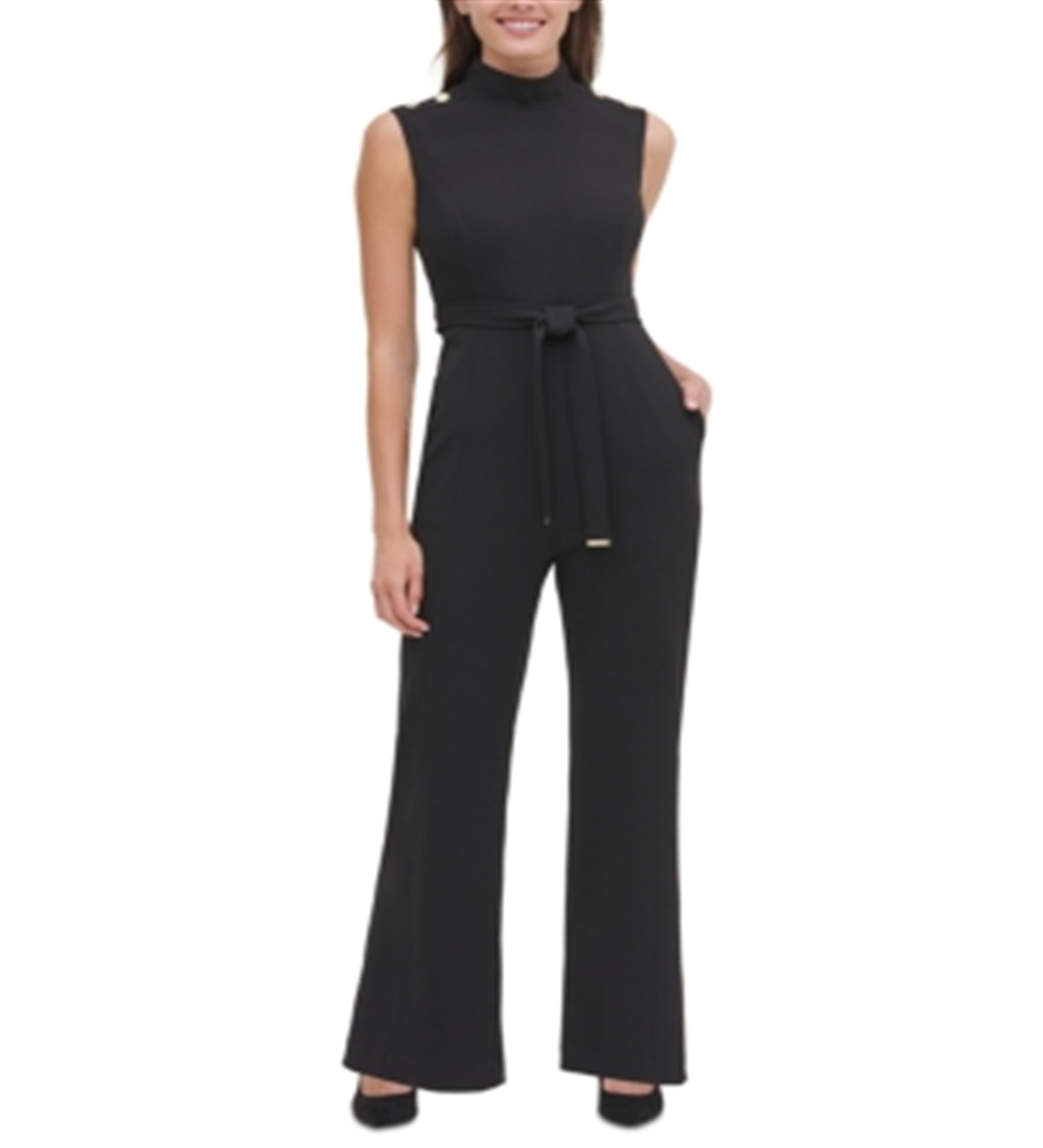 Tommy Hilfiger Macacão Feminino com Cinto, Zíper, Sem Mangas, Perna Larga, Preto, Tamanho 10