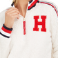 Tommy Hilfiger Suéter Feminino Listrado Estampado Manga Longa Gola com Zíper Branco Tamanho Grande