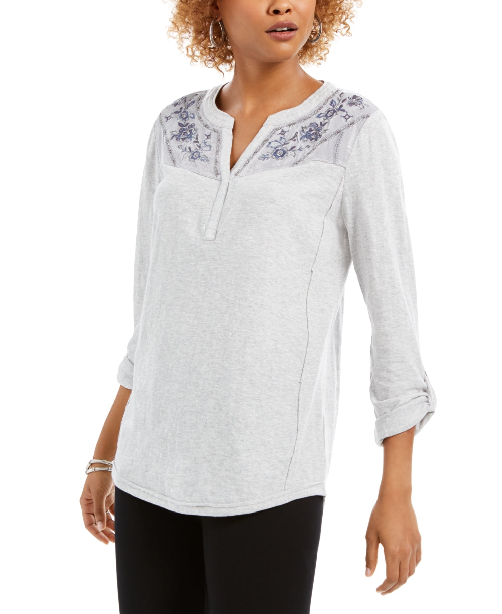 Blusa feminina estilo &amp; co com jugo bordado e mangas dobradas, azul, tamanho médio