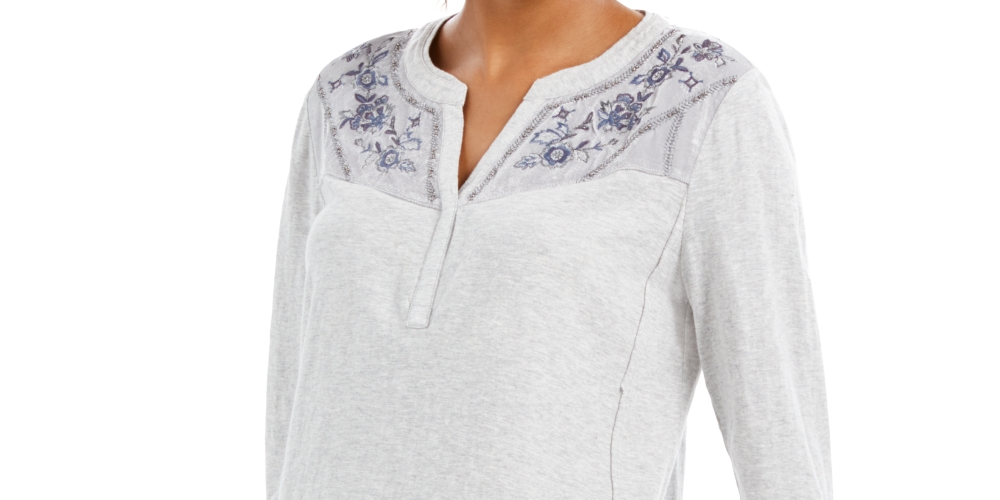 Blusa feminina estilo &amp; co com jugo bordado e mangas dobradas, azul, tamanho médio