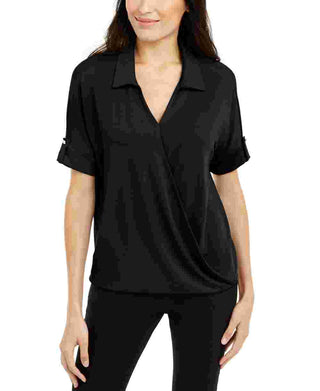 Blusa feminina Alfani com manga curta e gola alta, preta, tamanho pequeno