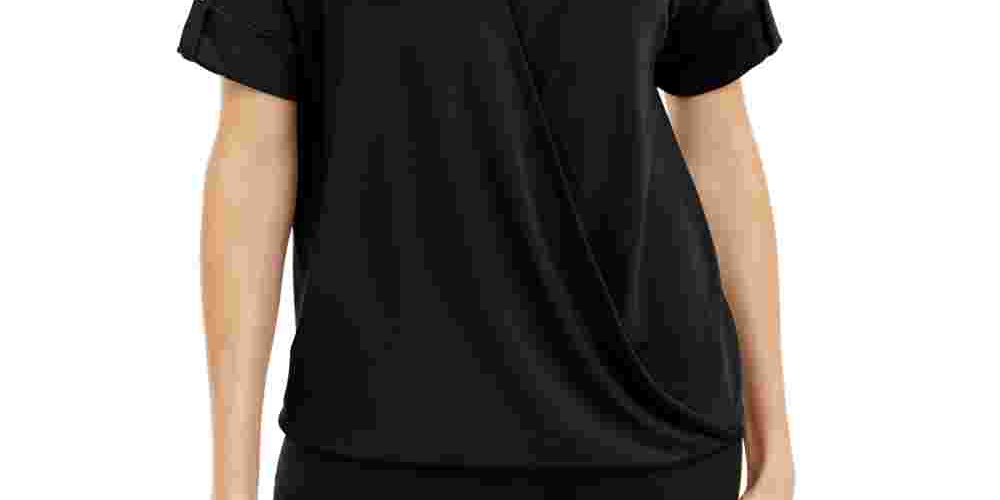 Blusa feminina Alfani com manga curta e gola alta, preta, tamanho pequeno