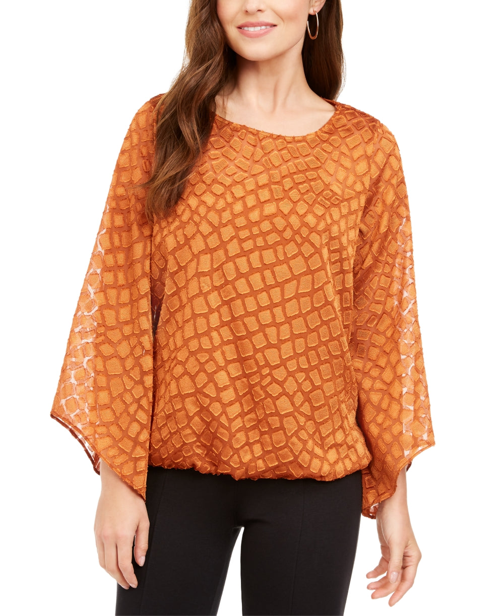 Blusa feminina Alfani com estampa de bolhas e decote redondo, manga sino, para usar no trabalho, tamanho pequeno e marrom