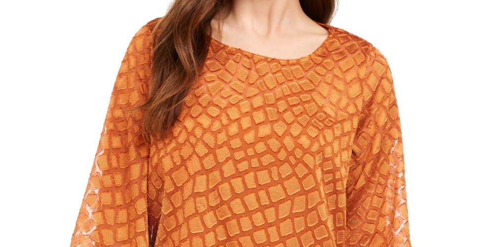 Blusa feminina Alfani com estampa de bolhas e decote redondo, manga sino, para usar no trabalho, tamanho pequeno e marrom