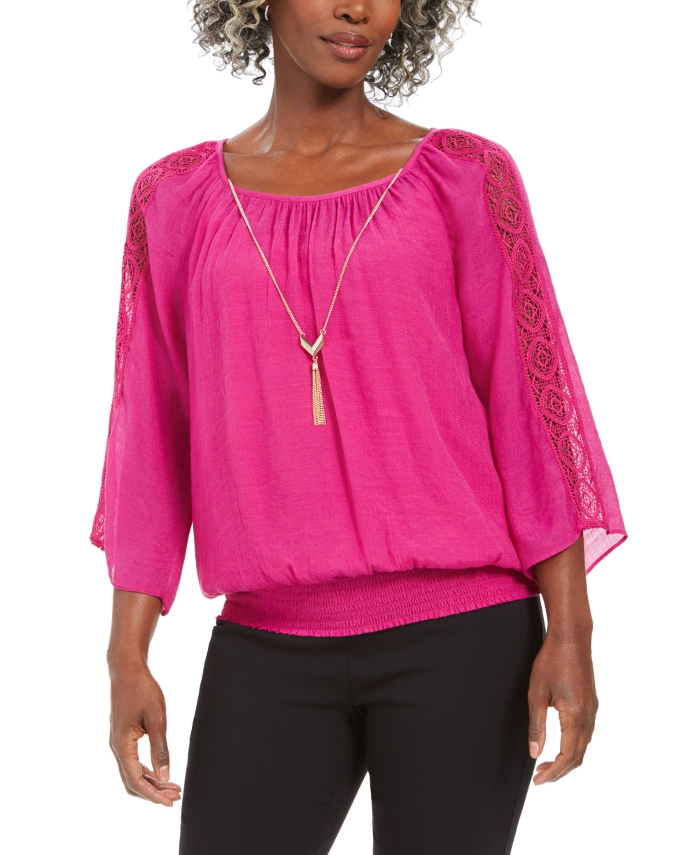 JM Collection Feminino Texturizado Crochê Manga Colar Gaze Top Rosa Tamanho Médio