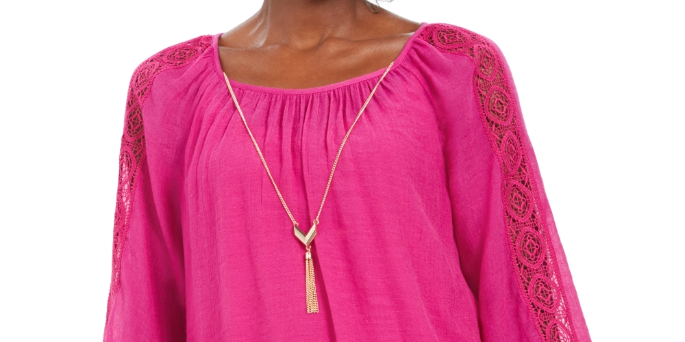 JM Collection Feminino Texturizado Crochê Manga Colar Gaze Top Rosa Tamanho Médio