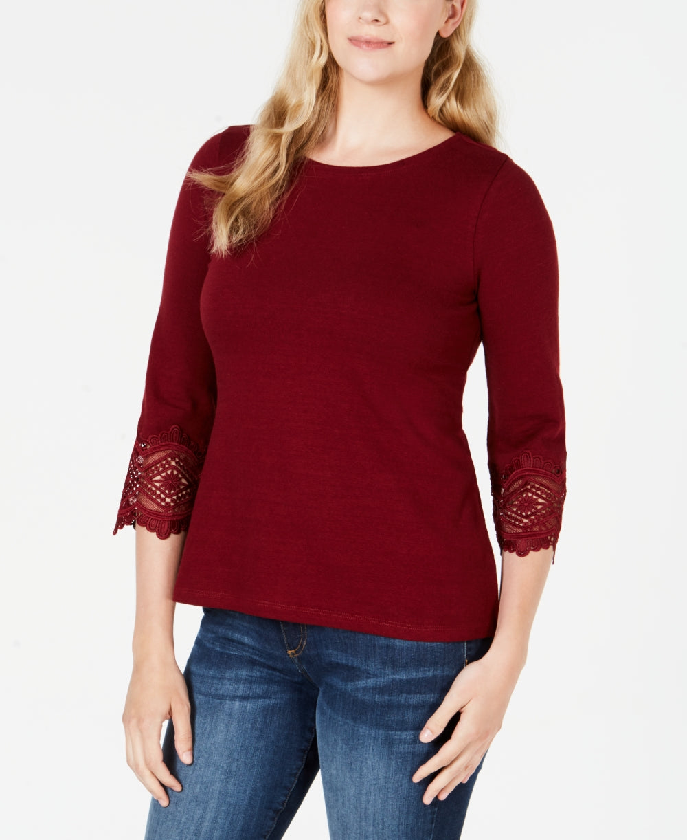 Top feminino Charter Club com acabamento em renda de algodão, vermelho, tamanho pequeno médio