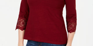 Top feminino Charter Club com acabamento em renda de algodão, vermelho, tamanho pequeno médio