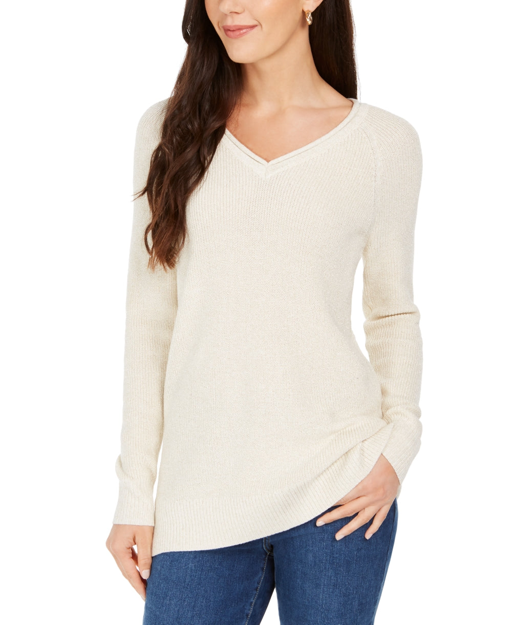 Suéter feminino Charter Club Lurex com decote em V, branco, tamanho médio