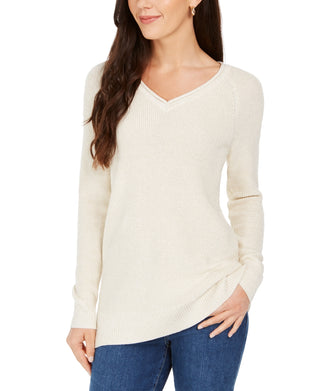 Suéter feminino Charter Club Lurex com decote em V, branco, tamanho médio