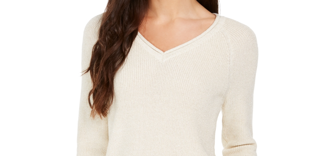 Suéter feminino Charter Club Lurex com decote em V, branco, tamanho médio