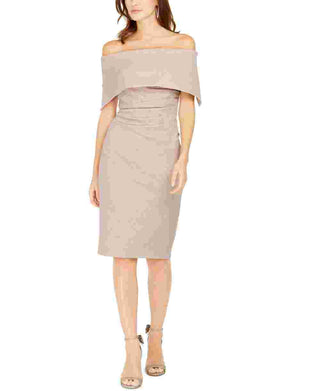 Vestido de festa feminino Vince Camuto com glitter, zíper, manga curta, ombro de fora, abaixo do joelho, marrom, tamanho 14