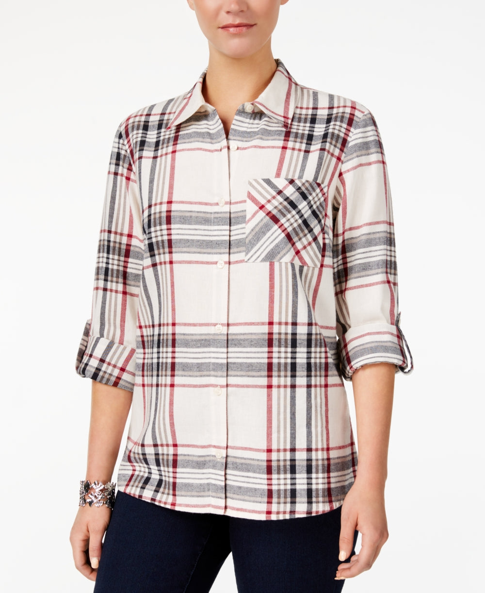 Camisa xadrez feminina Style &amp; Co com um bolso, creme/vinho, tamanho XX-grande
